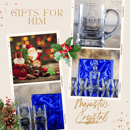Christmas Background With Christmas Gifts For Him. Tumblers, Barley Decanter Set And A  Beer Tankard.
